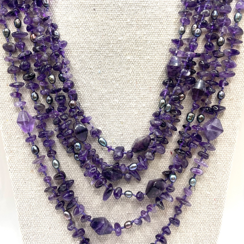 Vintage Amethyst Chip Pearl Hand Knotted 6 Strand Statement Necklace